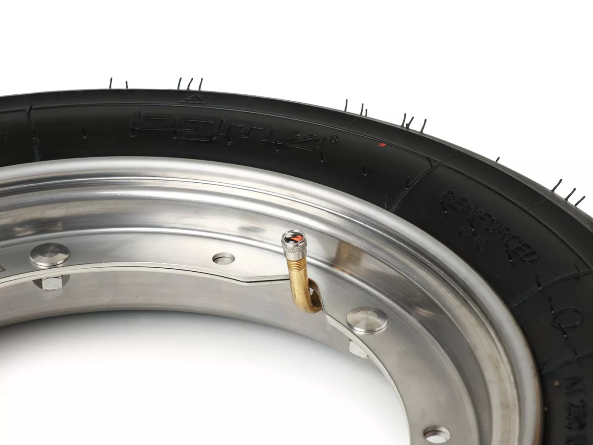 Roda lengkap (ban terpasang pada pelek yang siap dikendarai) -BGM Sport, Vespa Largeframe PX, Sprint, Rally, GT, GTR, TS, T4, LML Star/Stella- 3.50 - 10 inci TT 59P (diperkuat) - Pelek baja tahan karat 2.10 - 10 -