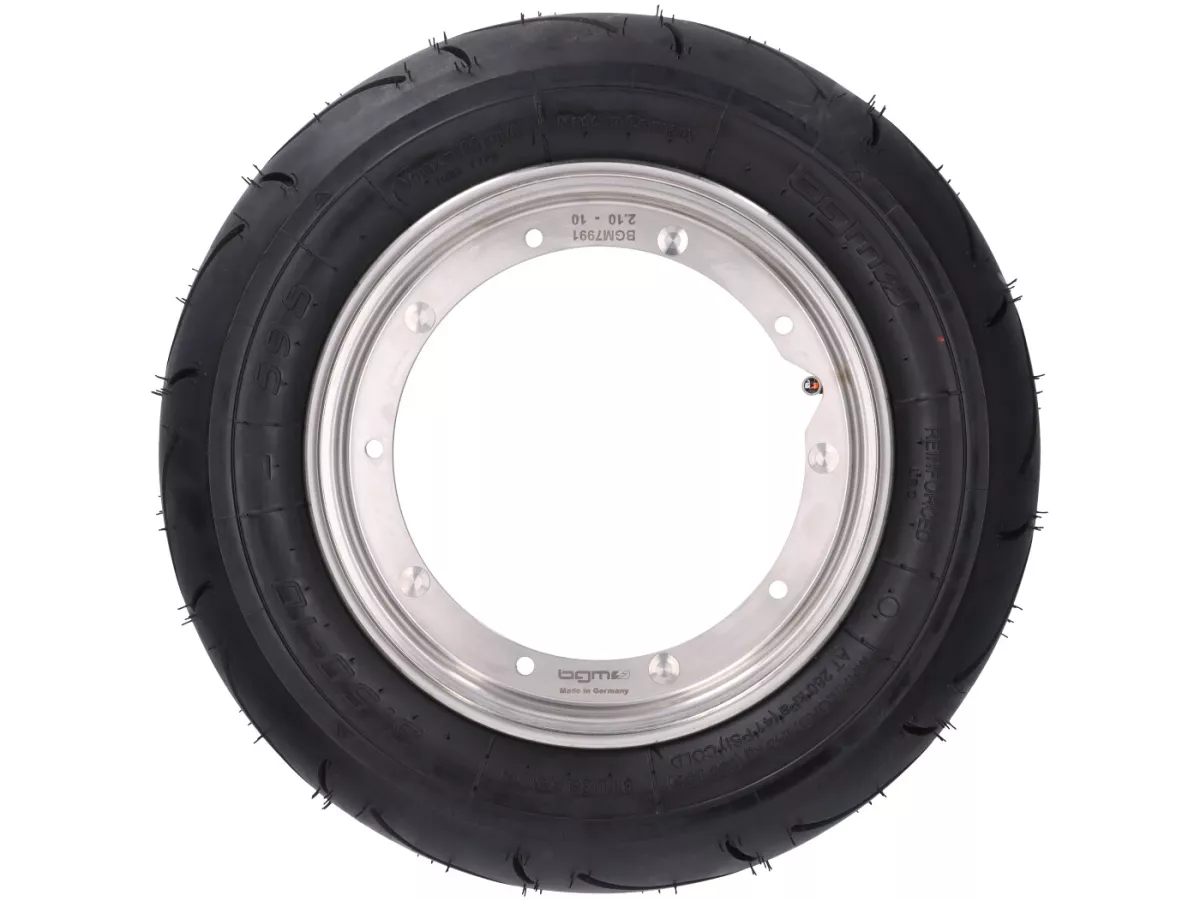 Roda lengkap (ban terpasang pada pelek yang siap dikendarai) -BGM Sport, Vespa Largeframe PX, Sprint, Rally, GT, GTR, TS, T4, LML Star/Stella- 3.50 - 10 inci TT 59P (diperkuat) - Pelek baja tahan karat 2.10 - 10 -