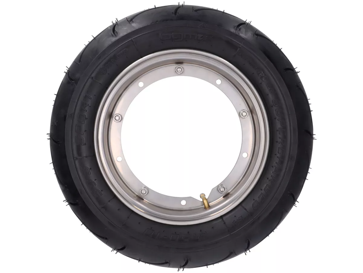 Roda lengkap (ban terpasang pada pelek yang siap dikendarai) -BGM Sport, Vespa Largeframe PX, Sprint, Rally, GT, GTR, TS, T4, LML Star/Stella- 3.50 - 10 inci TT 59P (diperkuat) - Pelek baja tahan karat 2.10 - 10 -