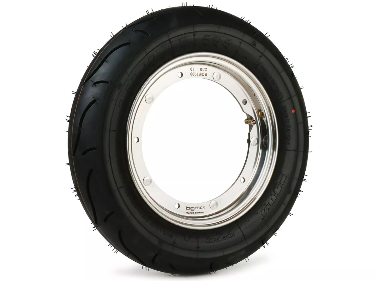 Compleet wiel (band gemonteerd op velg, klaar om te rijden) -BGM Sport, Vespa Largeframe PX, Sprint, Rally, GT, GTR, TS, T4, LML Star/Stella- 3.50 - 10 inch TT 59P (versterkt) - Velg roestvrij staal 2.10- 10 - gepolijst