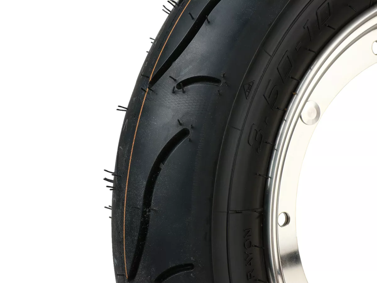 Compleet wiel (band gemonteerd op velg, klaar om te rijden) -BGM Sport, Vespa Largeframe PX, Sprint, Rally, GT, GTR, TS, T4, LML Star/Stella- 3.50 - 10 inch TT 59P (versterkt) - Velg roestvrij staal 2.10- 10 - gepolijst