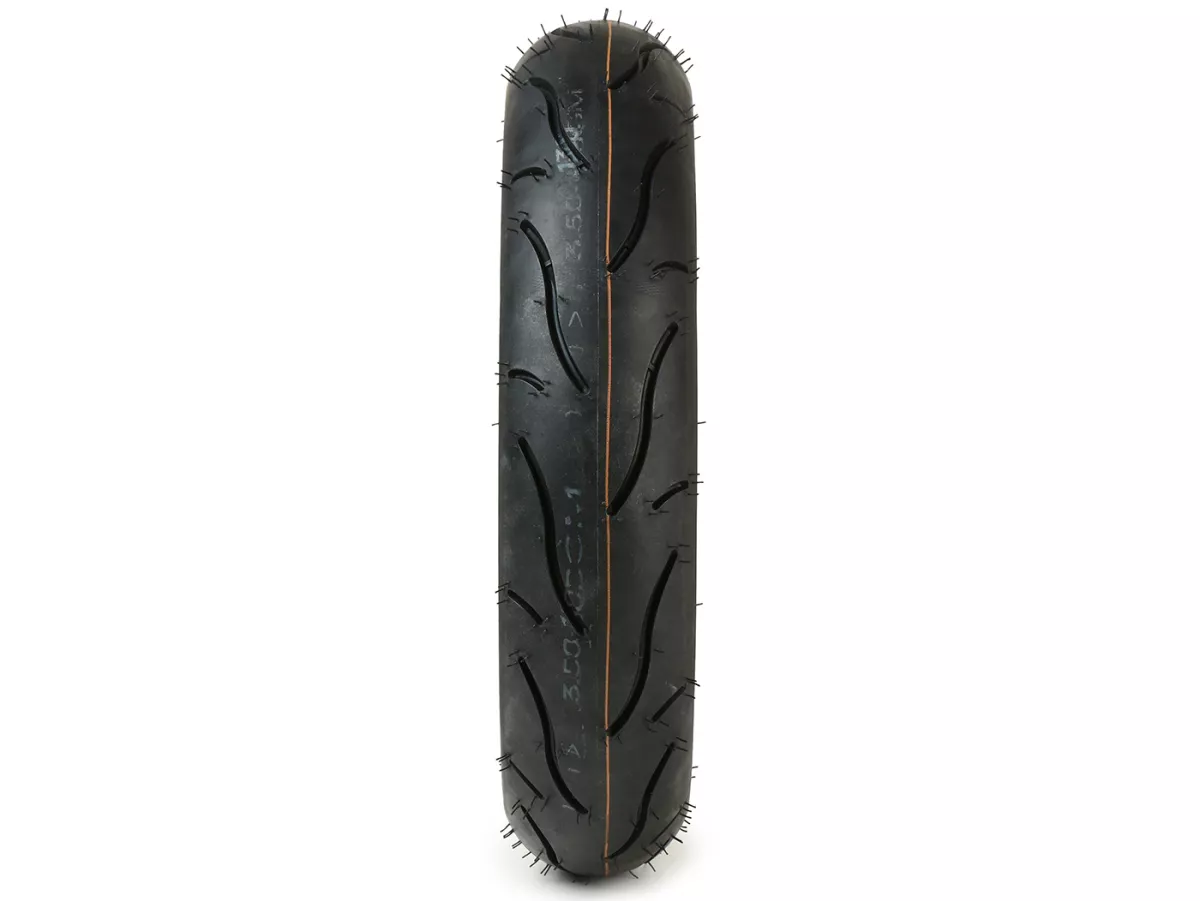 Compleet wiel (band gemonteerd op velg, klaar om te rijden) -BGM Sport, Vespa Largeframe PX, Sprint, Rally, GT, GTR, TS, T4, LML Star/Stella- 3.50 - 10 inch TT 59P (versterkt) - Velg roestvrij staal 2.10- 10 - gepolijst