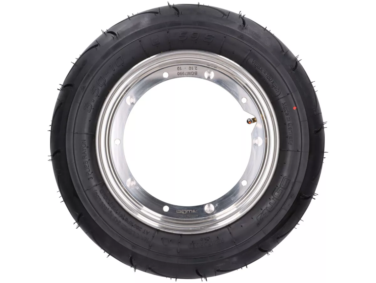 Compleet wiel (band gemonteerd op velg, klaar om te rijden) -BGM Sport, Vespa Largeframe PX, Sprint, Rally, GT, GTR, TS, T4, LML Star/Stella- 3.50 - 10 inch TT 59P (versterkt) - Velg roestvrij staal 2.10- 10 - gepolijst