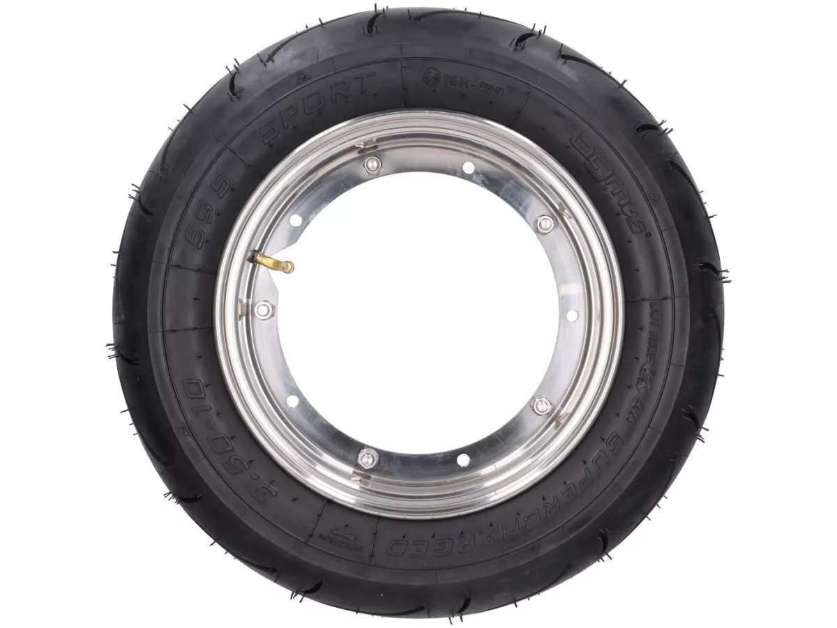 Compleet wiel (band gemonteerd op velg, klaar om te rijden) -BGM Sport, Vespa Largeframe PX, Sprint, Rally, GT, GTR, TS, T4, LML Star/Stella- 3.50 - 10 inch TT 59P (versterkt) - Velg roestvrij staal 2.10- 10 - gepolijst
