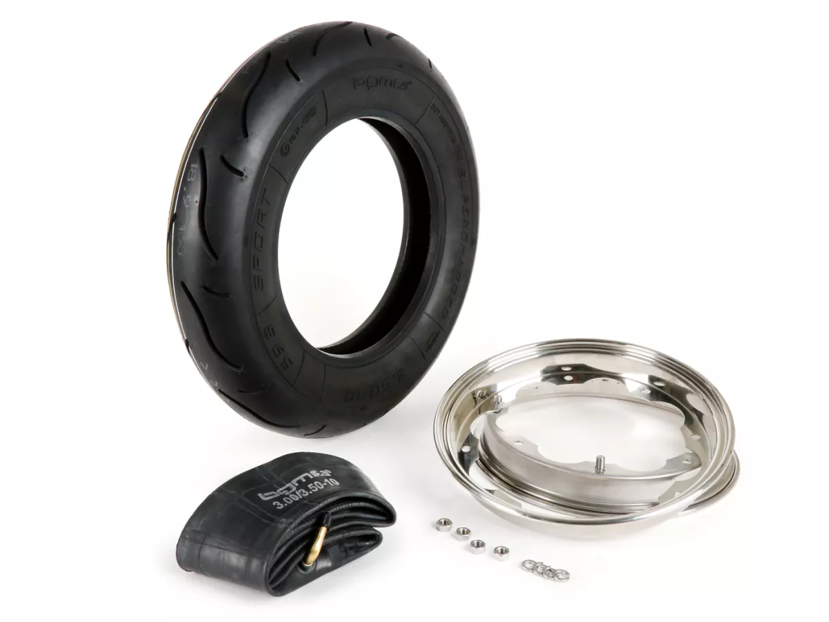 Ban lengkap -BGM Sport, Lambretta- 3.50 - 10 inci TT 59S (diperkuat) - pelek 2.15-10 baja tahan karat yang dipoles