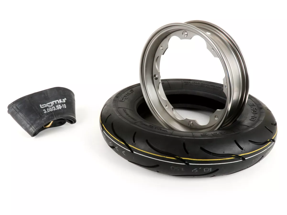 Bandenset -BGM Sport, Lambretta- 3.50 - 10 inch TT 59S (versterkt) - velg 2.15-10 roestvrij staal