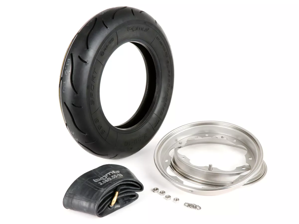 Bandenset -BGM Sport, Lambretta- 3.50 - 10 inch TT 59S (versterkt) - velg 2.15-10 roestvrij staal
