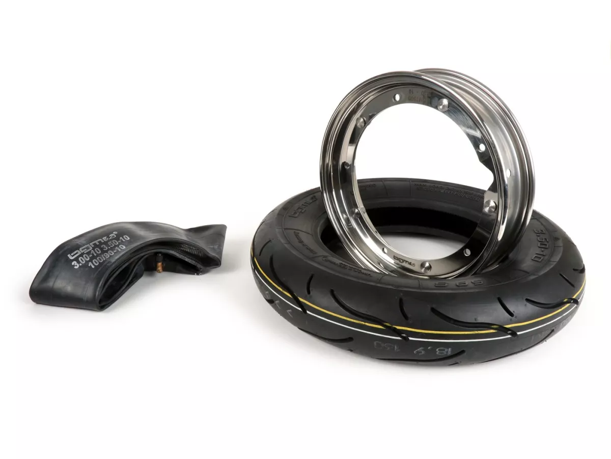 Satu set ban lengkap -BGM Sport, Vespa- 3.50 - 10 inci TT 59S (diperkuat) - pelek 2.10-10 baja tahan karat yang dipoles