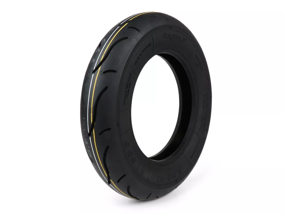 Satu set ban lengkap -BGM Sport, Vespa- 3.50 - 10 inci TT 59S (diperkuat) - pelek 2.10-10 baja tahan karat yang dipoles