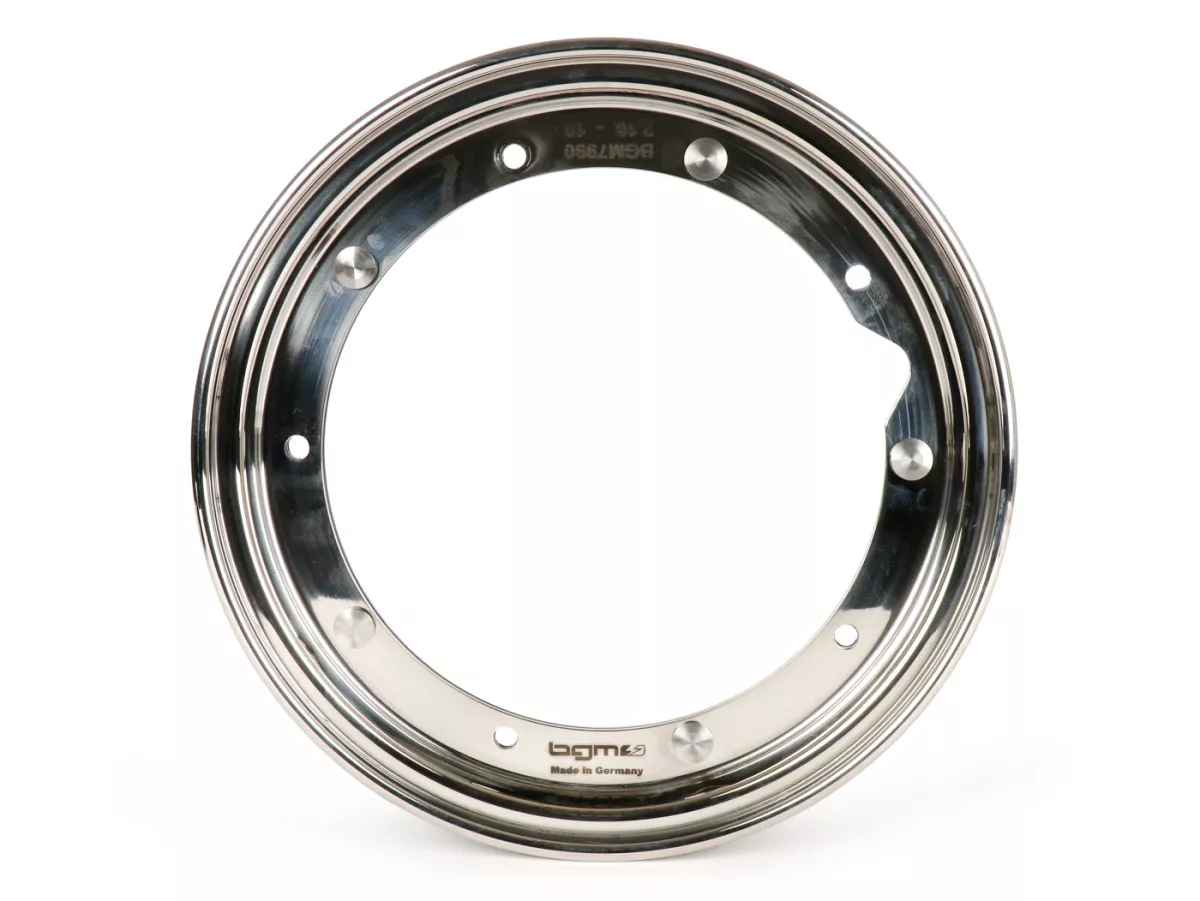 Satu set ban lengkap -BGM Sport, Vespa- 3.50 - 10 inci TT 59S (diperkuat) - pelek 2.10-10 baja tahan karat yang dipoles