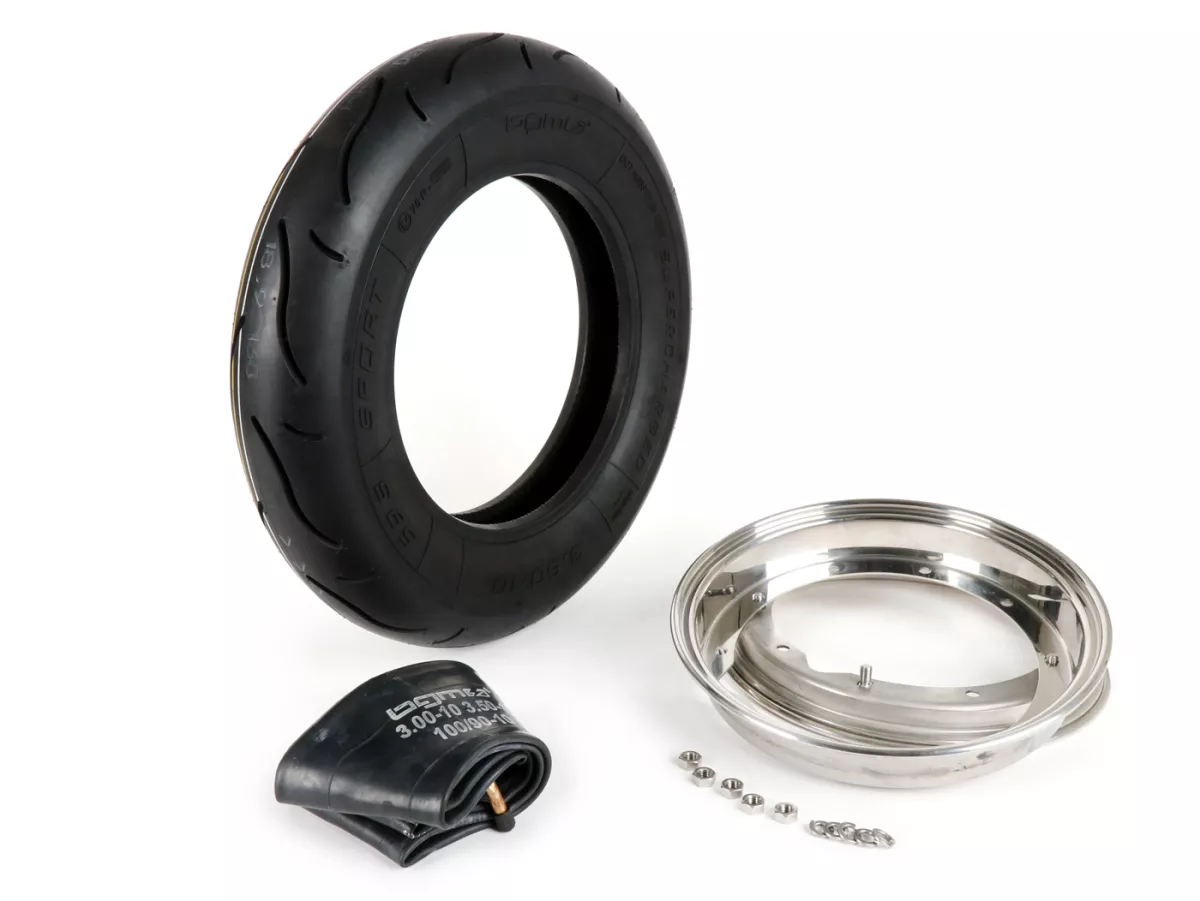 Satu set ban lengkap -BGM Sport, Vespa- 3.50 - 10 inci TT 59S (diperkuat) - pelek 2.10-10 baja tahan karat yang dipoles