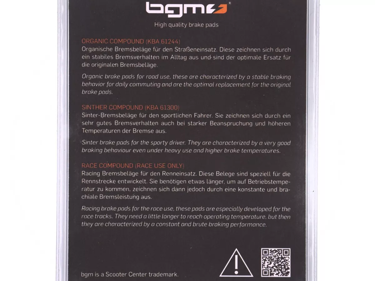 Bromsbelägg -BGM 77,4x42,3mm- LAMBRETTA externt Nissin-bromsok, YAMAHA Cygnus X, DERBI GPR Racing 50 2T LC -2003
