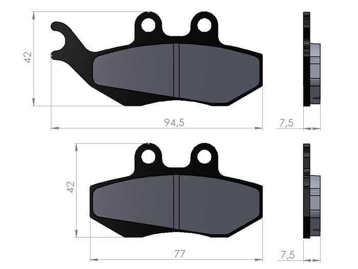 Bantalan rem -BGM 76.8x41.8/94.5x42mm- Gilera Runner 125-200 FX/FXR/VX/VXR dengan kaliper rem Grimeca (pin 9mm), APRILIA MX Supermotard 50cc 2002 (v), Pegaso 650cc 1994-1997 (v), RS Replika 50cc 1999 (v), RX 125cc 1995 (v), RX C, CD 125c
