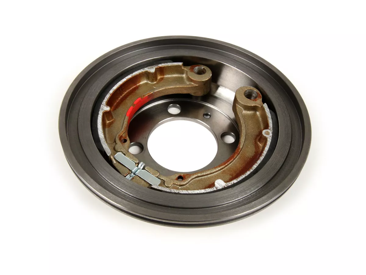 Brake drum, rear 8 inch incl. brake shoes, 2 anchor pins -BGM PRO cast iron- Vespa VNB4T-VNB6T, VBB2T