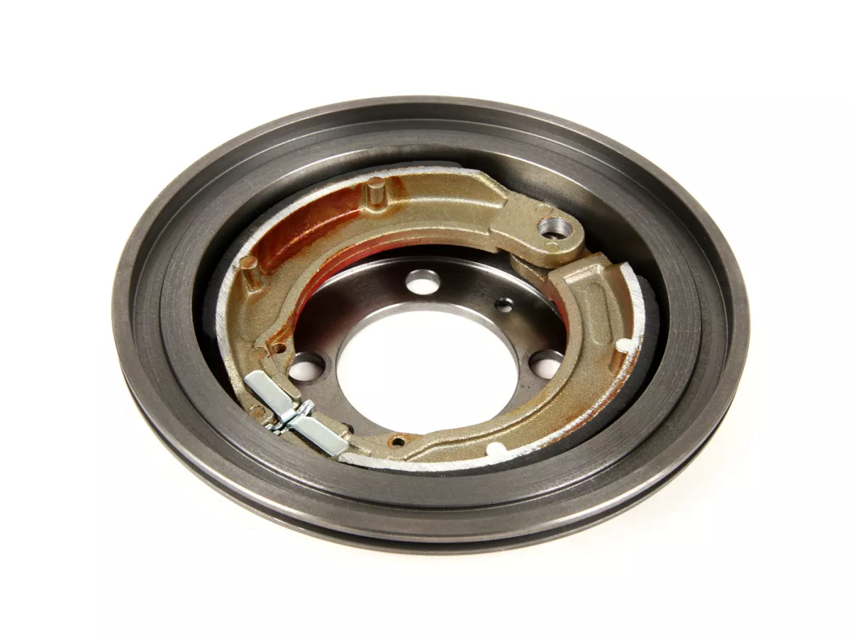 Tromol rem belakang 8 inci termasuk sepatu rem, 1 dudukan -BGM PRO besi cor abu-abu- Vespa Wideframe V1-15, V30-33, VU, VM, VN, VL, VB, VBA1T, VBB1T, VNB2T, VNB3T, VNA, ACMA, Hoffmann