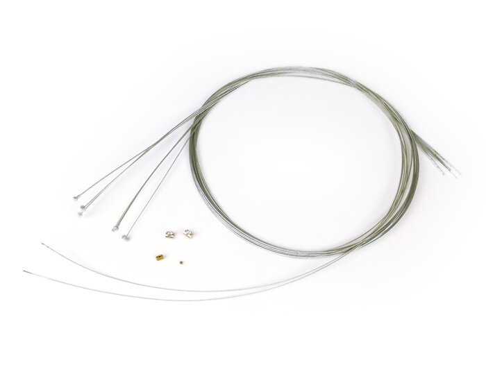 Kabel set universal di dalam -BGM ORIGINAL Vespa, Lambretta- 2x Ø = 1.9mm x 2100mm (nipple tipe pear, digunakan sebagai kabel kopling/kabel rem depan), 2x Ø = 1.6mm x 2100mm (nipple Ø = 5.5mm x 7mm, digunakan sebagai kabel shift), 1x Ø = 1.2mm x 2500mm (n