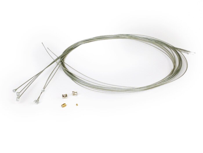 Kabel set universal di dalam -BGM ORIGINAL Vespa, Lambretta- 2x Ø = 1.9mm x 2100mm (nipple tipe pear, digunakan sebagai kabel kopling/kabel rem depan), 2x Ø = 1.6mm x 2100mm (nipple Ø = 5.5mm x 7mm, digunakan sebagai kabel shift), 1x Ø = 1.2mm x 2500mm (n
