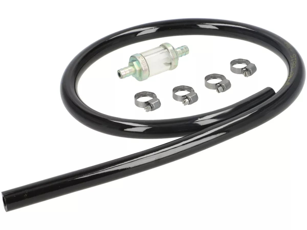 Petrol hose set incl. petrol filter -BGM PRO Ø7x14mm - TPR/PUR (non-hardening)- Vespa Classic (Ø inner = 7mm, Ø outer = 14mm, length = 750mm) - black - suitable for Vespa Largeframe PX, T5, Cosa, Rally, Sprint, VNA, VNB, VBA, VBB, Super, GT, GTR, TS, LML,