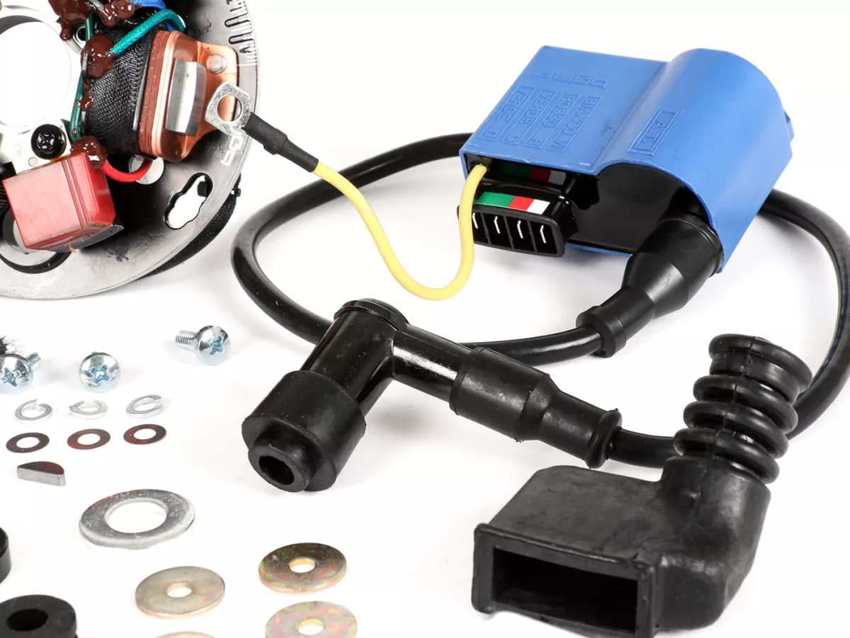 Zündung-Set -BGM PRO 12V Touring elektronisch- Motovespa Largeframe 125/150 - 125N (V60M), 125S (V60MS), 125N (V101M), 125L (V101M), 125N (542M), 150S (V201M), 150S (502M), 150Sprint (04M), 150GS (04M) - 2300g - verwendet zur Umrüstung auf elektronische Z