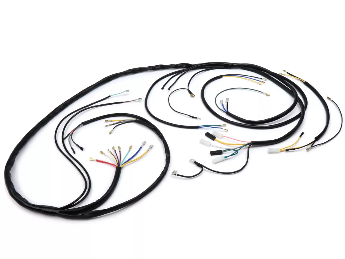 Kabelboom -BGM ORIGINELE- Vespa PX oud (Italië, of voor conversie), 1981-1983, met 3-pins spanningsregelaar, met richtingaanwijzers, zonder batterij, claxon AC (zoemer), ontsteking bodemplaat met 5-draads elektronische, contactslot 4-pins, zijkappen met b