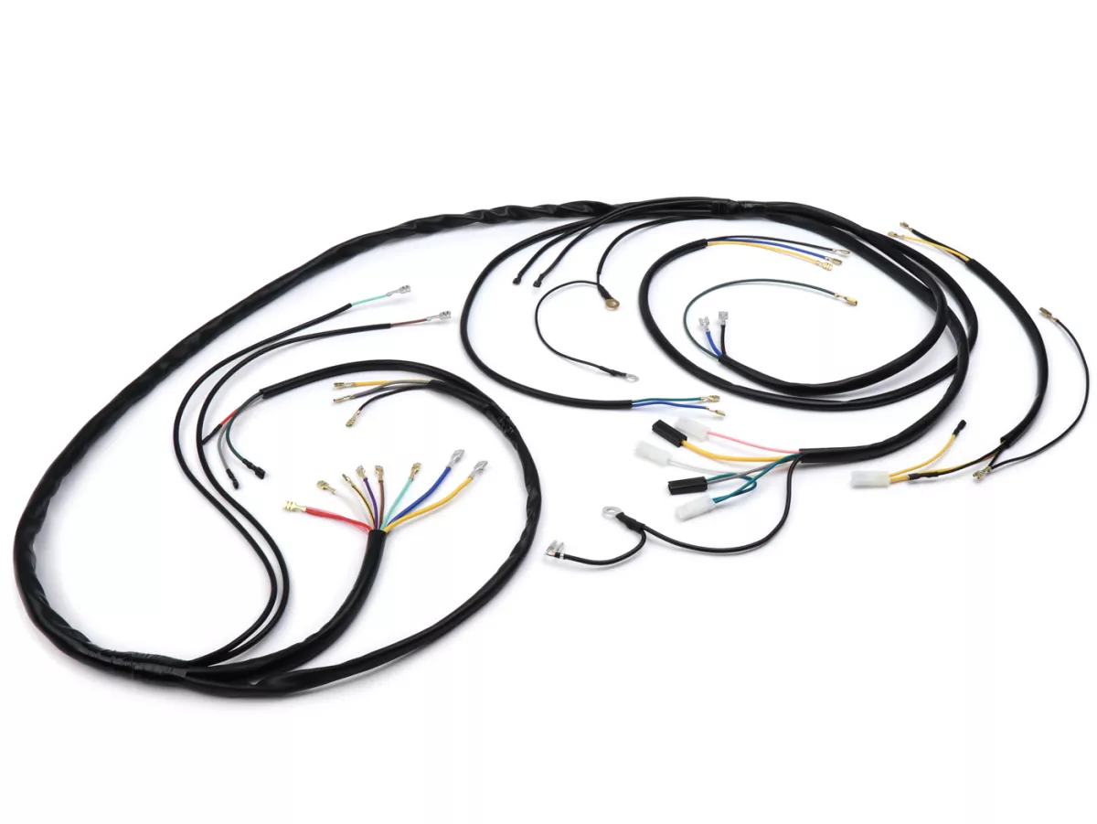 Kabelboom set incl. schakelaar -BGM ORIGINAL- Vespa PX oud (Italië, of voor conversie), 1981-1983, met 3-pins spanningsregelaar, met richtingaanwijzers, zonder batterij, claxon AC (zoemer), ontsteking bodemplaat met 5-draads elektronische, contactslot 4-p