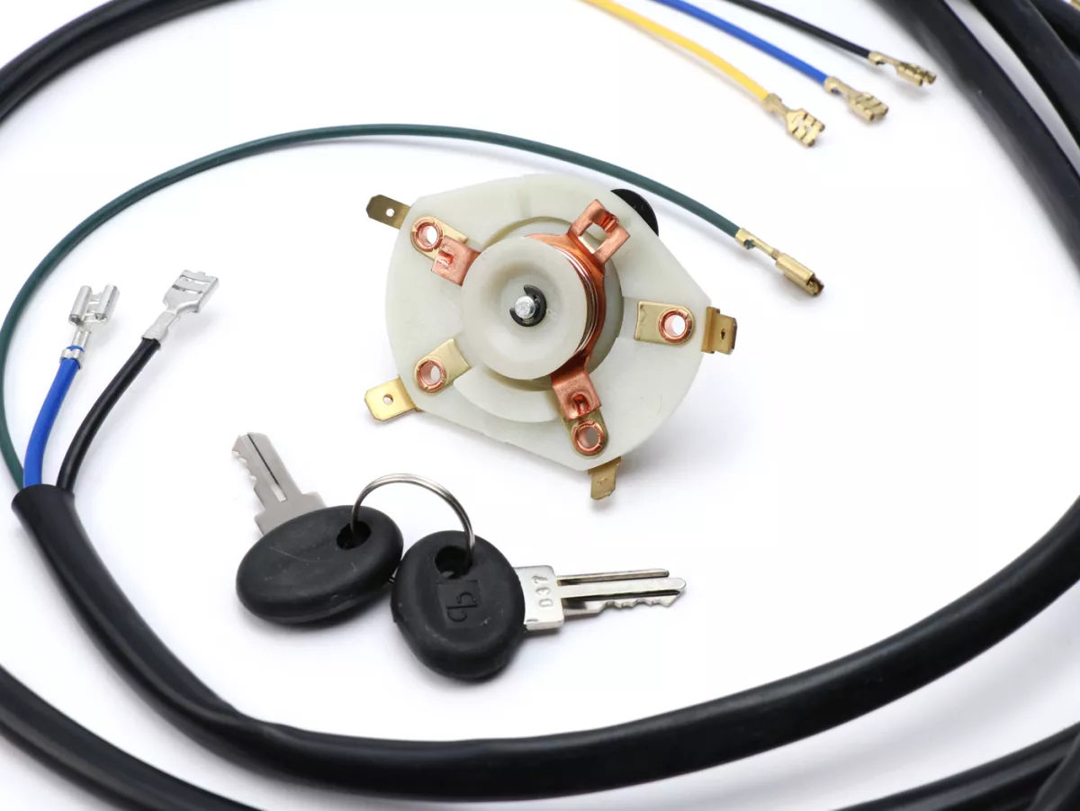 Kabelboom set incl. schakelaar -BGM ORIGINAL- Vespa PX oud (Italië, of voor conversie), 1981-1983, met 3-pins spanningsregelaar, met richtingaanwijzers, zonder batterij, claxon AC (zoemer), ontsteking bodemplaat met 5-draads elektronische, contactslot 4-p