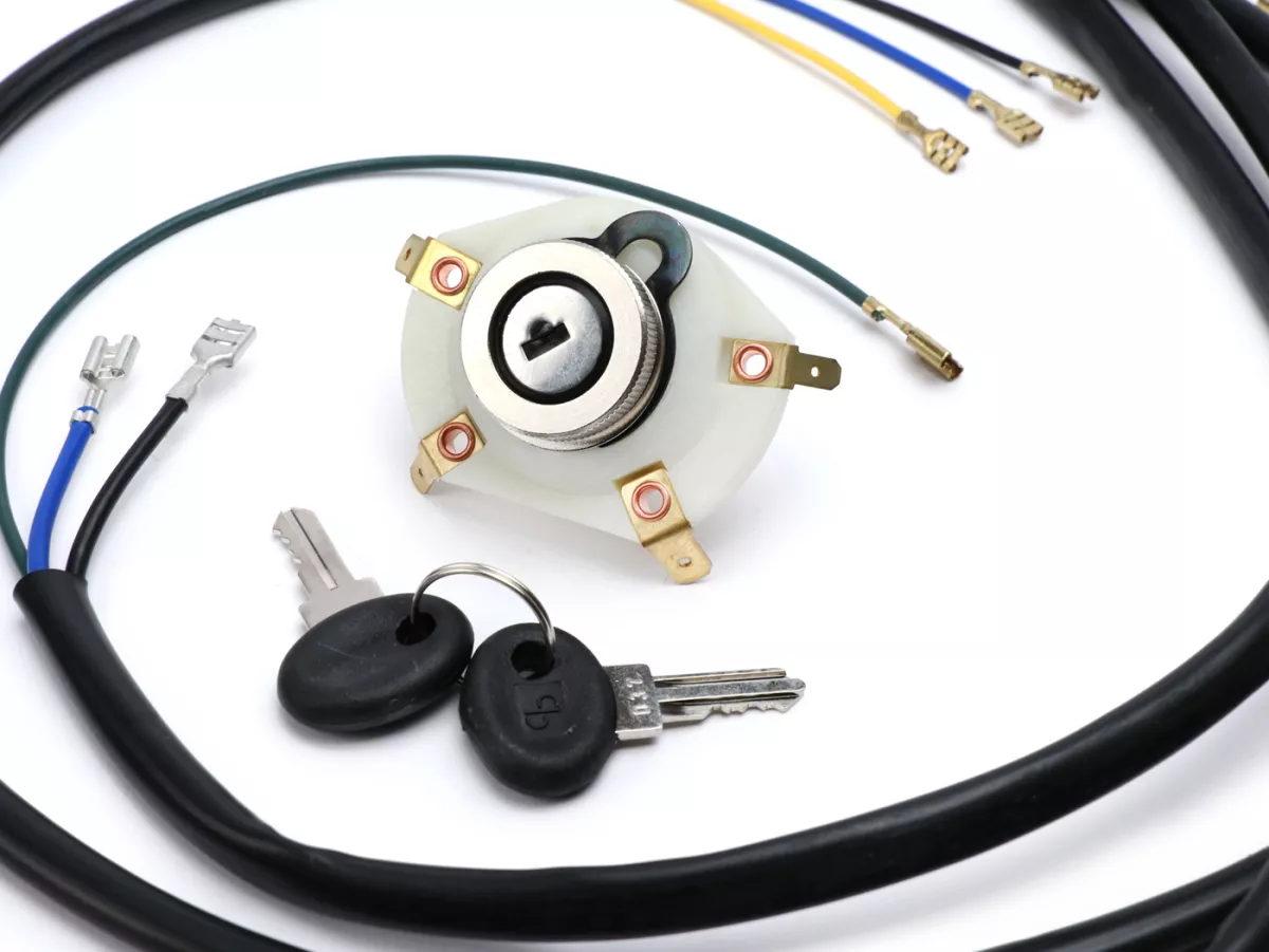 Kabelboom set incl. schakelaar -BGM ORIGINAL- Vespa PX oud (Italië, of voor conversie), 1981-1983, met 3-pins spanningsregelaar, met richtingaanwijzers, zonder batterij, claxon AC (zoemer), ontsteking bodemplaat met 5-draads elektronische, contactslot 4-p