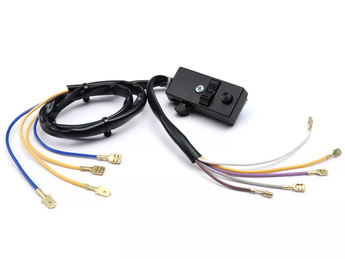 Kabelboom set incl. schakelaar -BGM ORIGINAL- Vespa PX oud (Italië, of voor conversie), 1981-1983, met 3-pins spanningsregelaar, met richtingaanwijzers, zonder batterij, claxon AC (zoemer), ontsteking bodemplaat met 5-draads elektronische, contactslot 4-p