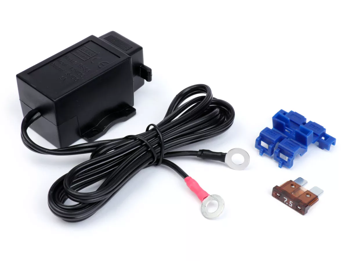 Rectificador de bocina incl. toma USB + juego de cables adaptadores -BGM PRO- con relé intermitente LED y función de carga USB