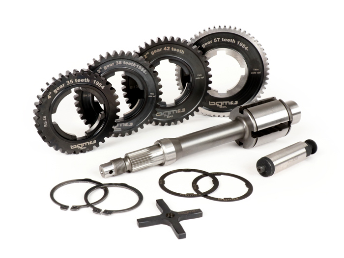 Gearbox (gear cogs incl. drive shaft) -BGM PRO- Vespa PX EFL, Disc, My, 2011 (1984-) - PX125 (VNX2T 232053-, ZAPM), PX150 (VLX1T 624602-, ZAPM), PX200 (VSX1T 315267-), Cosa, T5 125cc, LML Star 2-stroke, Stella 2-stroke - 12/57, 13/42, 17/38, 21/35 teeth -