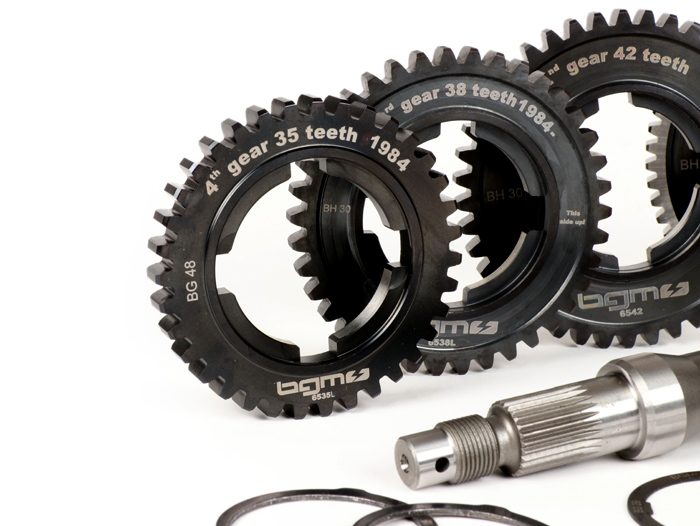 Gearbox (gear cogs incl. drive shaft) -BGM PRO- Vespa PX EFL, Disc, My, 2011 (1984-) - PX125 (VNX2T 232053-, ZAPM), PX150 (VLX1T 624602-, ZAPM), PX200 (VSX1T 315267-), Cosa, T5 125cc, LML Star 2-stroke, Stella 2-stroke - 12/57, 13/42, 17/38, 21/35 teeth -