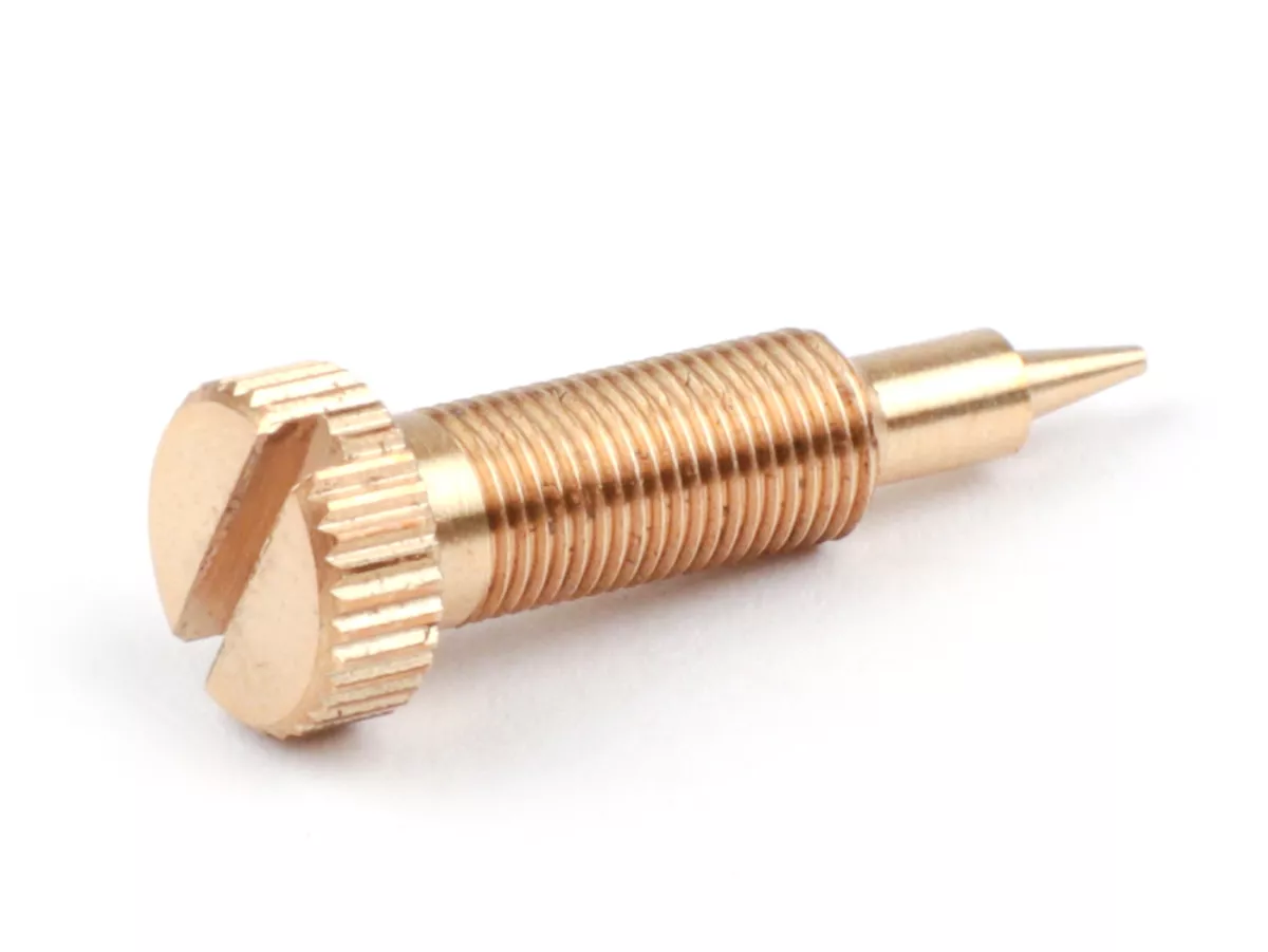 Mengsel stelschroef -BGM PRO, Conversion, kort- SI20/20D, SI24/24E, SI24/24H - M5 x 0.50mm draad - dunne punt (Ø=0.65mm) - Vespa PX type met sleufschroef (gebruikt voor conversie van fijne draad lang/zeskant naar fijne draad kort sleufschroef)