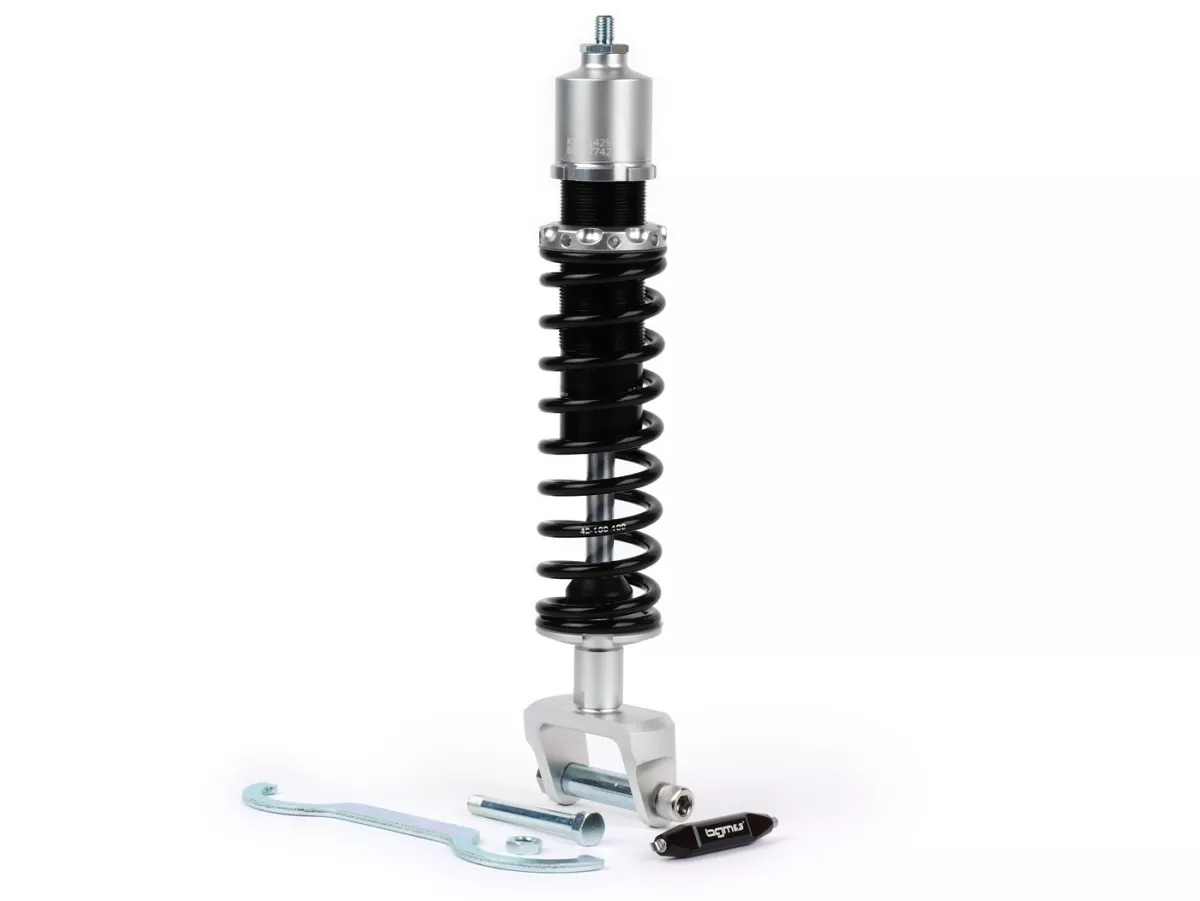 Amortiguador trasero -BGM PRO SC/R1 SPORT, 330mm- Vespa PX80, PX125, PX150, PX200, T5 125cc, Rally180 (VSD1T), Rally200 (VSE1T), Sprint150 (VLB1T), TS125 (VNL3T), GT125 (VNL2T), GTR15 (VNL2T), V50, PV, ET3 - negro/plateado
