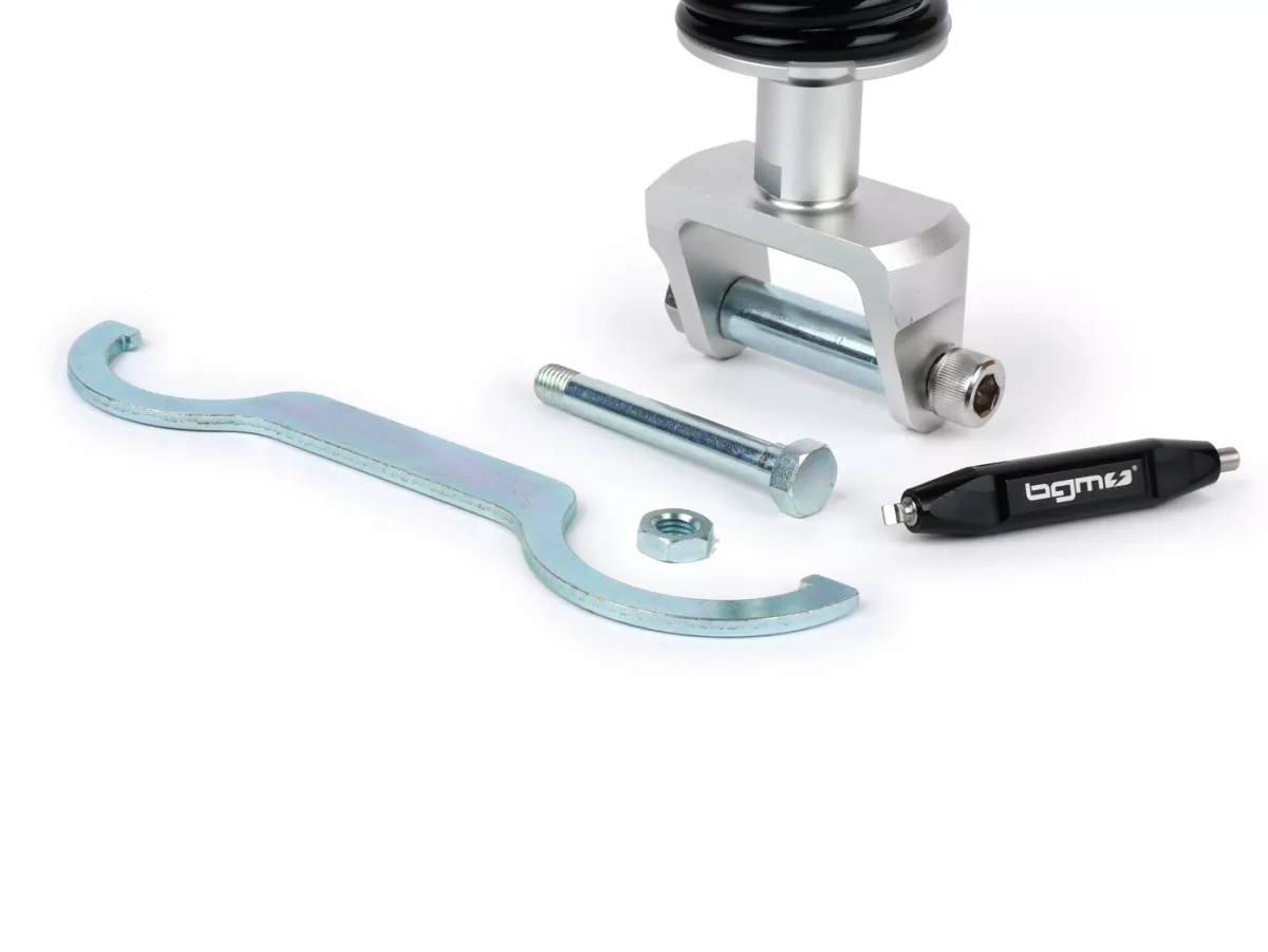 Amortiguador trasero -BGM PRO SC/R1 SPORT, 330mm- Vespa PX80, PX125, PX150, PX200, T5 125cc, Rally180 (VSD1T), Rally200 (VSE1T), Sprint150 (VLB1T), TS125 (VNL3T), GT125 (VNL2T), GTR15 (VNL2T), V50, PV, ET3 - negro/plateado