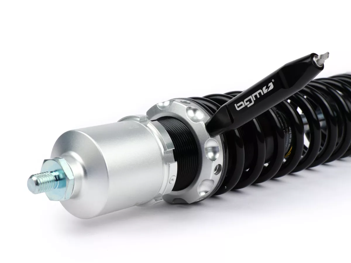 Amortiguador trasero -BGM PRO SC/R1 SPORT, 330mm- Vespa PX80, PX125, PX150, PX200, T5 125cc, Rally180 (VSD1T), Rally200 (VSE1T), Sprint150 (VLB1T), TS125 (VNL3T), GT125 (VNL2T), GTR15 (VNL2T), V50, PV, ET3 - negro/plateado