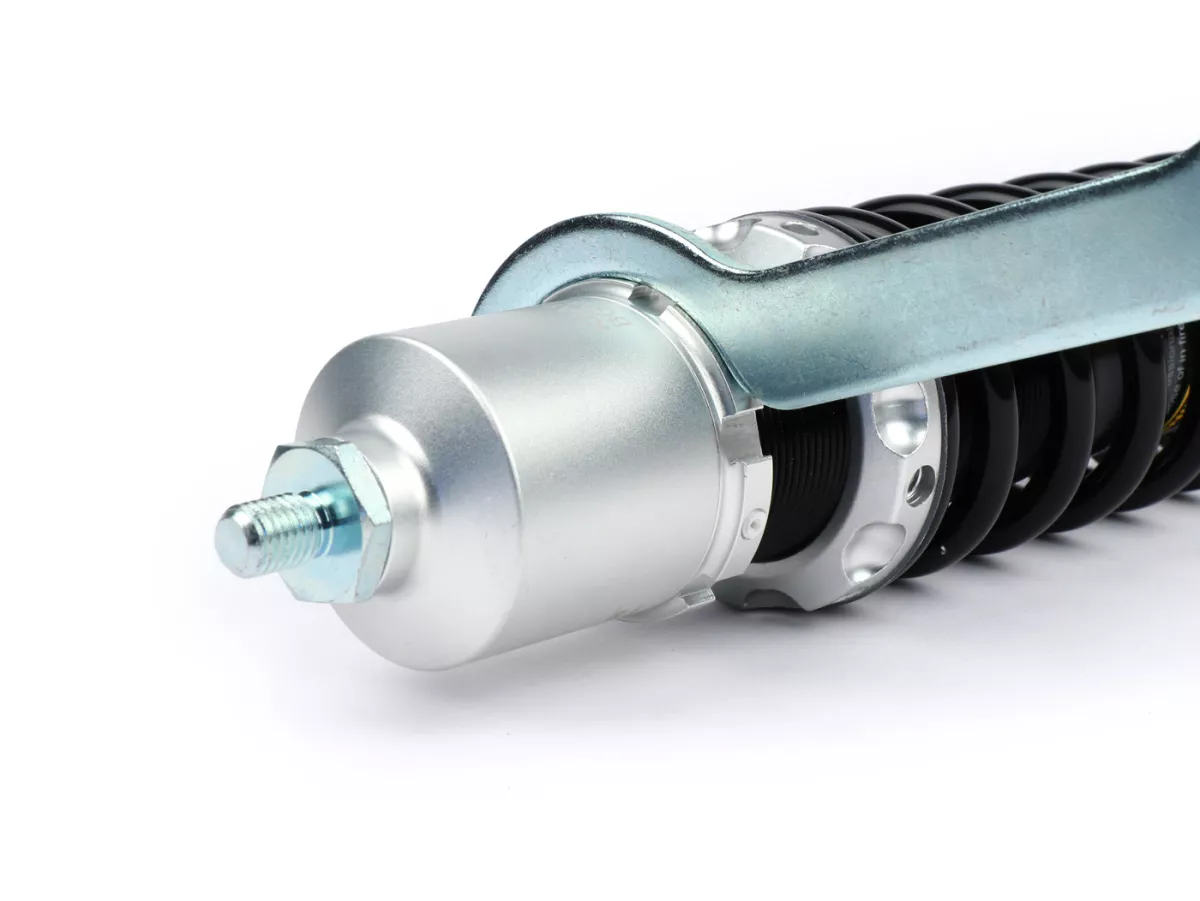 Amortiguador trasero -BGM PRO SC/R1 SPORT, 330mm- Vespa PX80, PX125, PX150, PX200, T5 125cc, Rally180 (VSD1T), Rally200 (VSE1T), Sprint150 (VLB1T), TS125 (VNL3T), GT125 (VNL2T), GTR15 (VNL2T), V50, PV, ET3 - negro/plateado