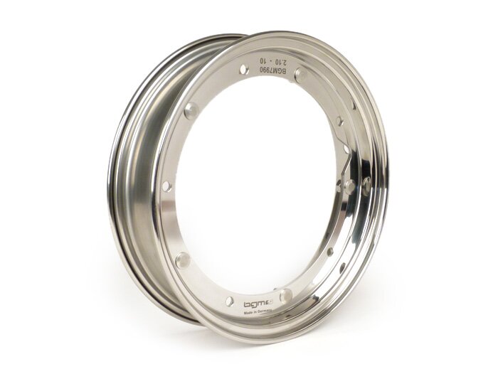Wiel -BGM PRO 2.10-10 inch- Vespa (type PX) - Vespa Smallframe V50, 50N, Special, PV, ET3, PK50-125 (S/XL/XL2), Largeframe PX, T5, Sprint, Rally, GT/GTR, LML Star, Deluxe - Gepolijst roestvrij staal
