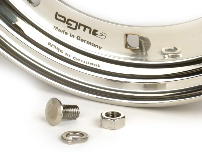 Wiel -BGM PRO 2.10-10 inch- Vespa (type PX) - Vespa Smallframe V50, 50N, Special, PV, ET3, PK50-125 (S/XL/XL2), Largeframe PX, T5, Sprint, Rally, GT/GTR, LML Star, Deluxe - Gepolijst roestvrij staal