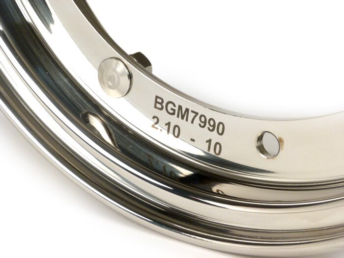 Wiel -BGM PRO 2.10-10 inch- Vespa (type PX) - Vespa Smallframe V50, 50N, Special, PV, ET3, PK50-125 (S/XL/XL2), Largeframe PX, T5, Sprint, Rally, GT/GTR, LML Star, Deluxe - Gepolijst roestvrij staal