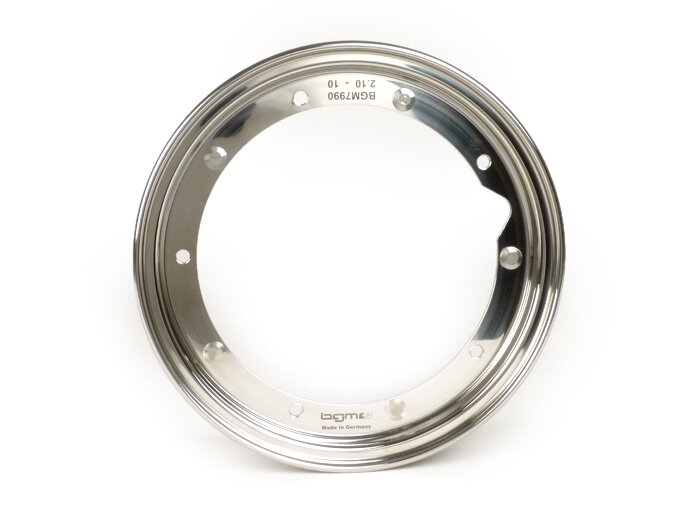Wiel -BGM PRO 2.10-10 inch- Vespa (type PX) - Vespa Smallframe V50, 50N, Special, PV, ET3, PK50-125 (S/XL/XL2), Largeframe PX, T5, Sprint, Rally, GT/GTR, LML Star, Deluxe - Gepolijst roestvrij staal