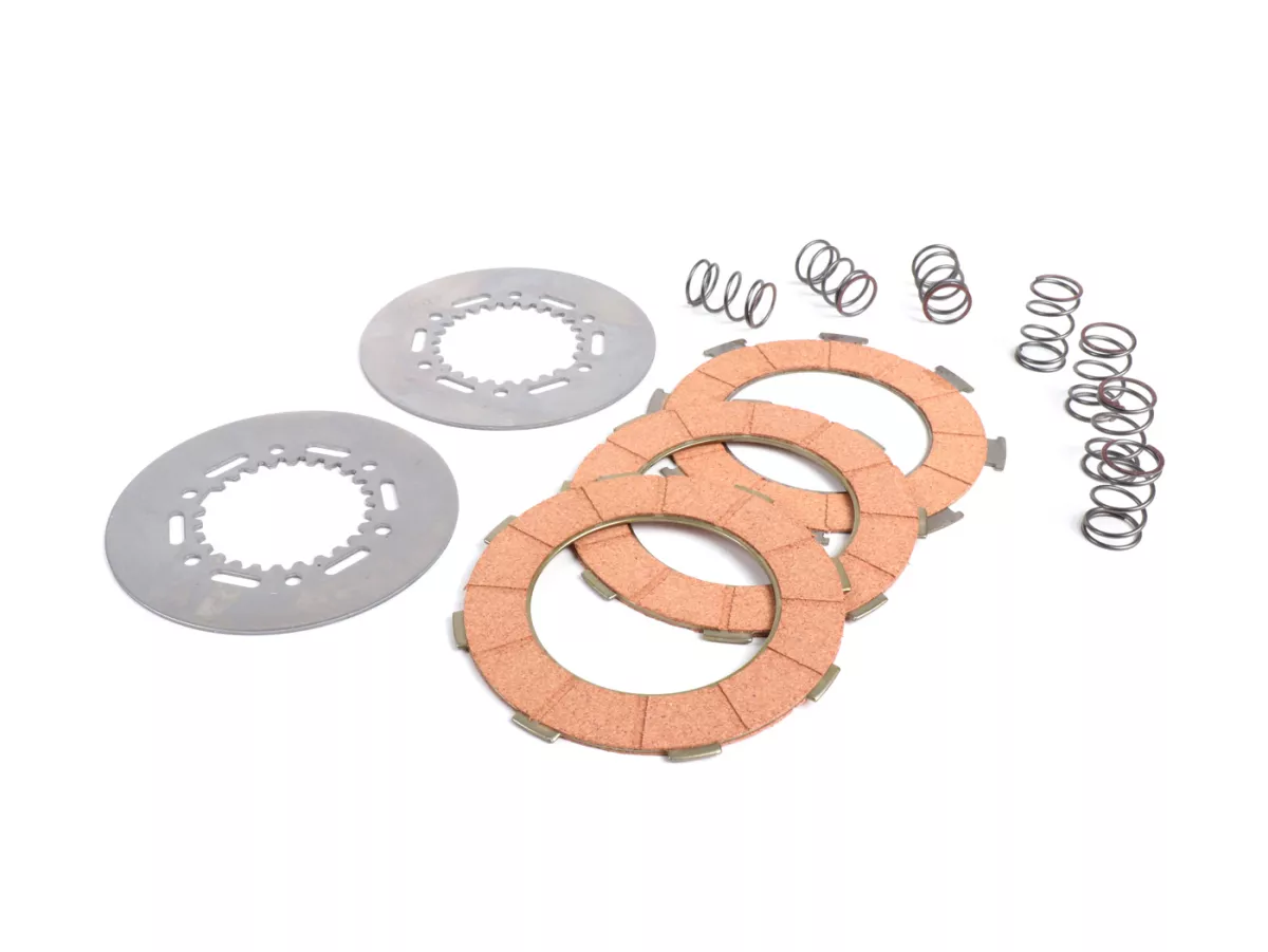 Clutch friction plate set -BGM ORIGINAL type 7 springs (Vespa Rally200, PX200, T5 125cc)- 3 plates premium quality (incl. springs and steel plates)
