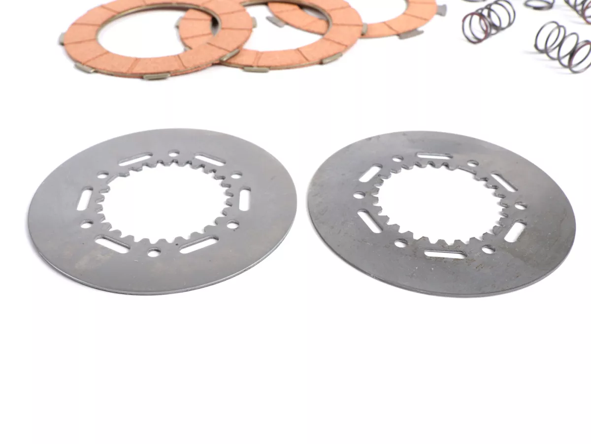 Clutch friction plate set -BGM ORIGINAL type 7 springs (Vespa Rally200, PX200, T5 125cc)- 3 plates premium quality (incl. springs and steel plates)