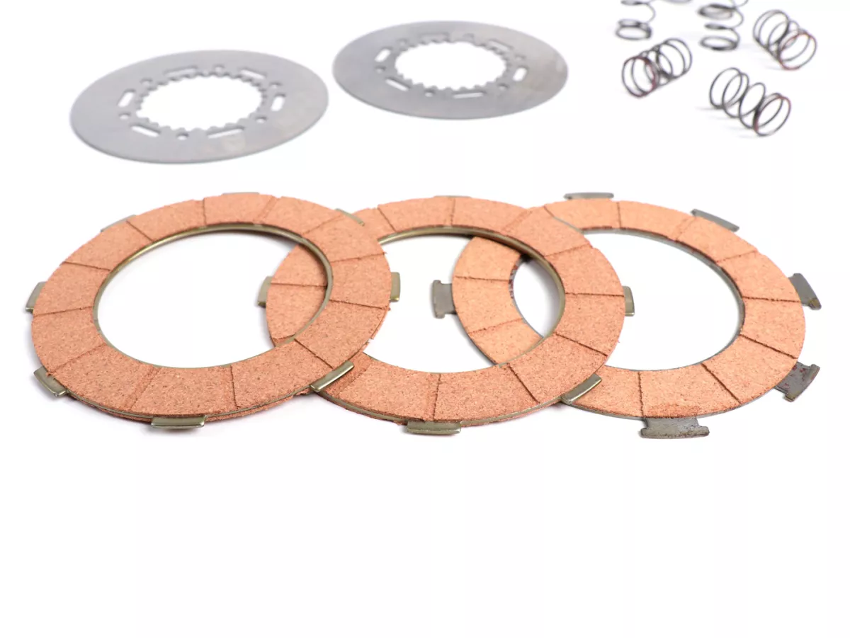 Clutch friction plate set -BGM ORIGINAL type 7 springs (Vespa Rally200, PX200, T5 125cc)- 3 plates premium quality (incl. springs and steel plates)