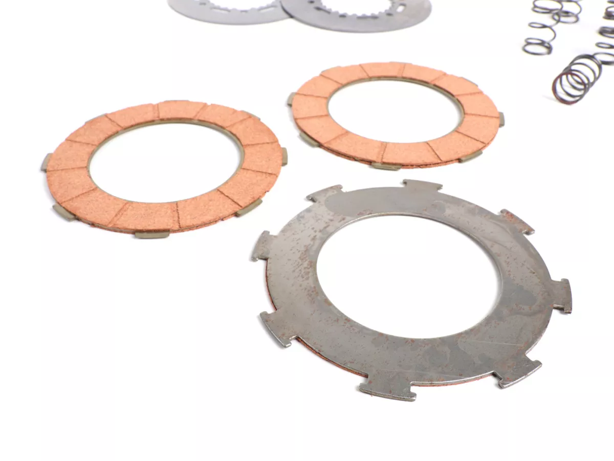 Clutch friction plate set -BGM ORIGINAL type 7 springs (Vespa Rally200, PX200, T5 125cc)- 3 plates premium quality (incl. springs and steel plates)