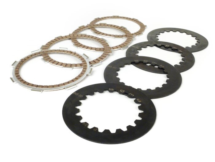 Juego de forros de embrague incl. discos de acero -BGM PRO SPORT Alu- tipo Honda CR80 (discos estrechos, 14mm), adecuado para cesta de embrague Vespa Cosa2/FL (1992-), PX (1995-), Superstrong, Scooter & Service, MMW, Ultrastrong - 4-discos