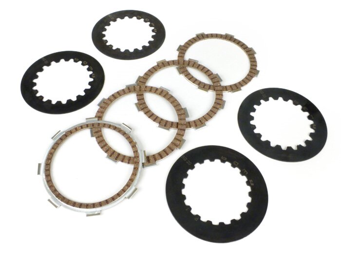Juego de forros de embrague incl. discos de acero -BGM PRO SPORT Alu- tipo Honda CR80 (discos estrechos, 14mm), adecuado para cesta de embrague Vespa Cosa2/FL (1992-), PX (1995-), Superstrong, Scooter & Service, MMW, Ultrastrong - 4-discos