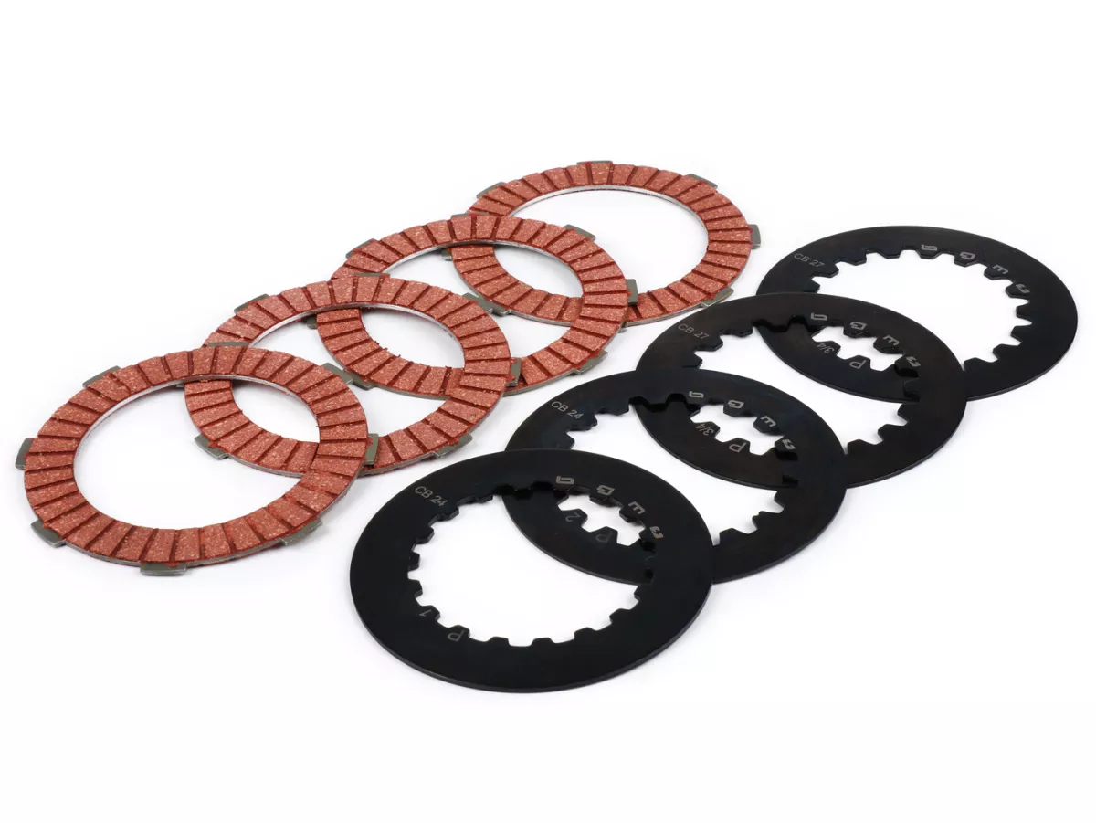 Set kampas kopling termasuk cakram baja -BGM PRO - bahan kampas baja Superstrong Racing Red- Vespa Cosa2 - cocok untuk keranjang kopling Vespa Cosa2/FL (1992-), PX (1995-), Superstrong, Skuter & Servis, MMW, Ultrastrong - 4-cakram