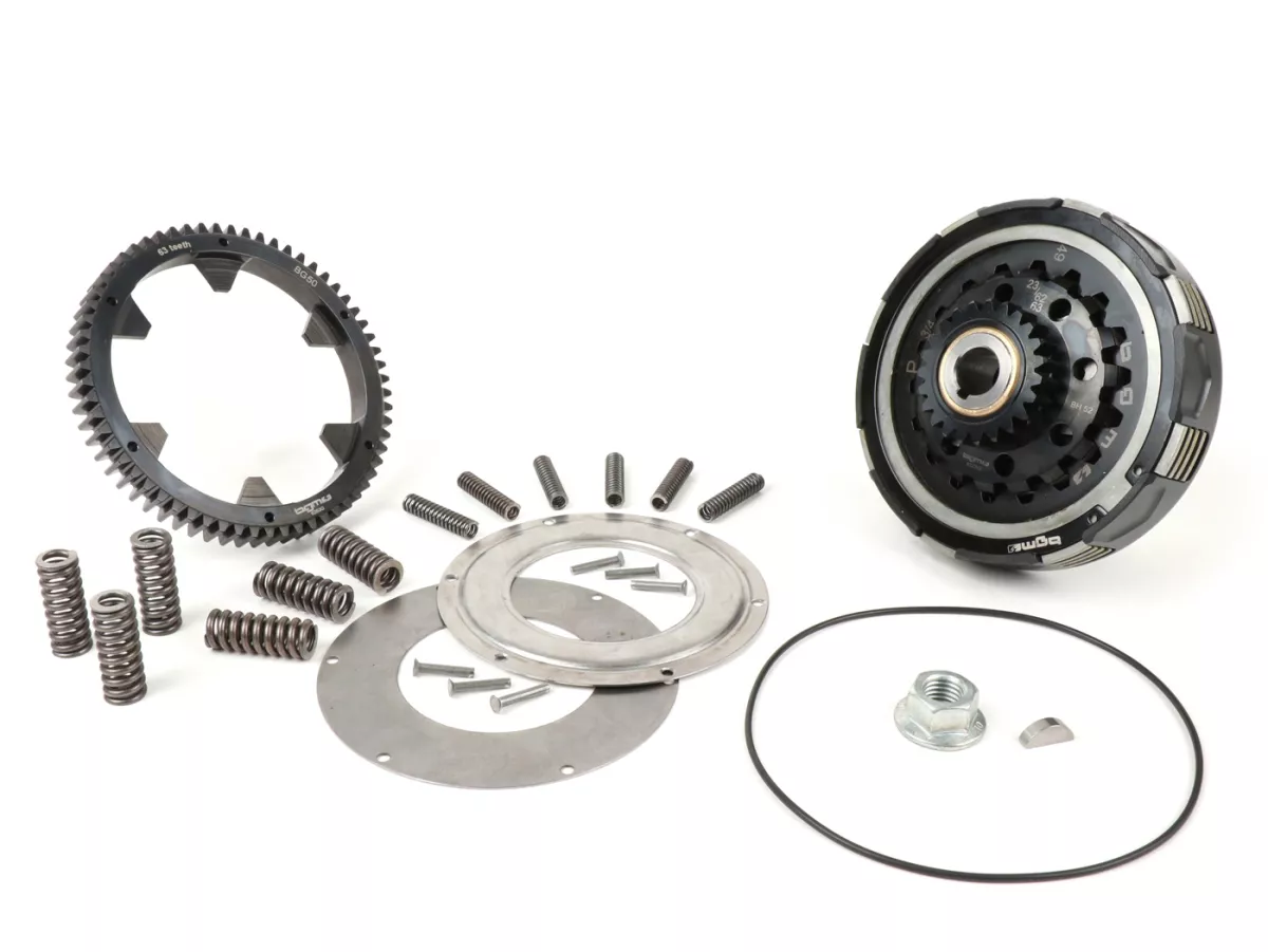 Koppeling incl. primair tandwiel -BGM Pro Superstrong 2.0 CR80 Ultralube SPORT Alu, type Cosa2/FL- Primair tandwiel BGM Pro 63Z (recht afgesneden)- Vespa PX80, PX125, PX150, PX200, Cosa, T5, Sprint150 Veloce, Rally, GTR, TS125, Super150 (VBC) - Z23/63 (2.