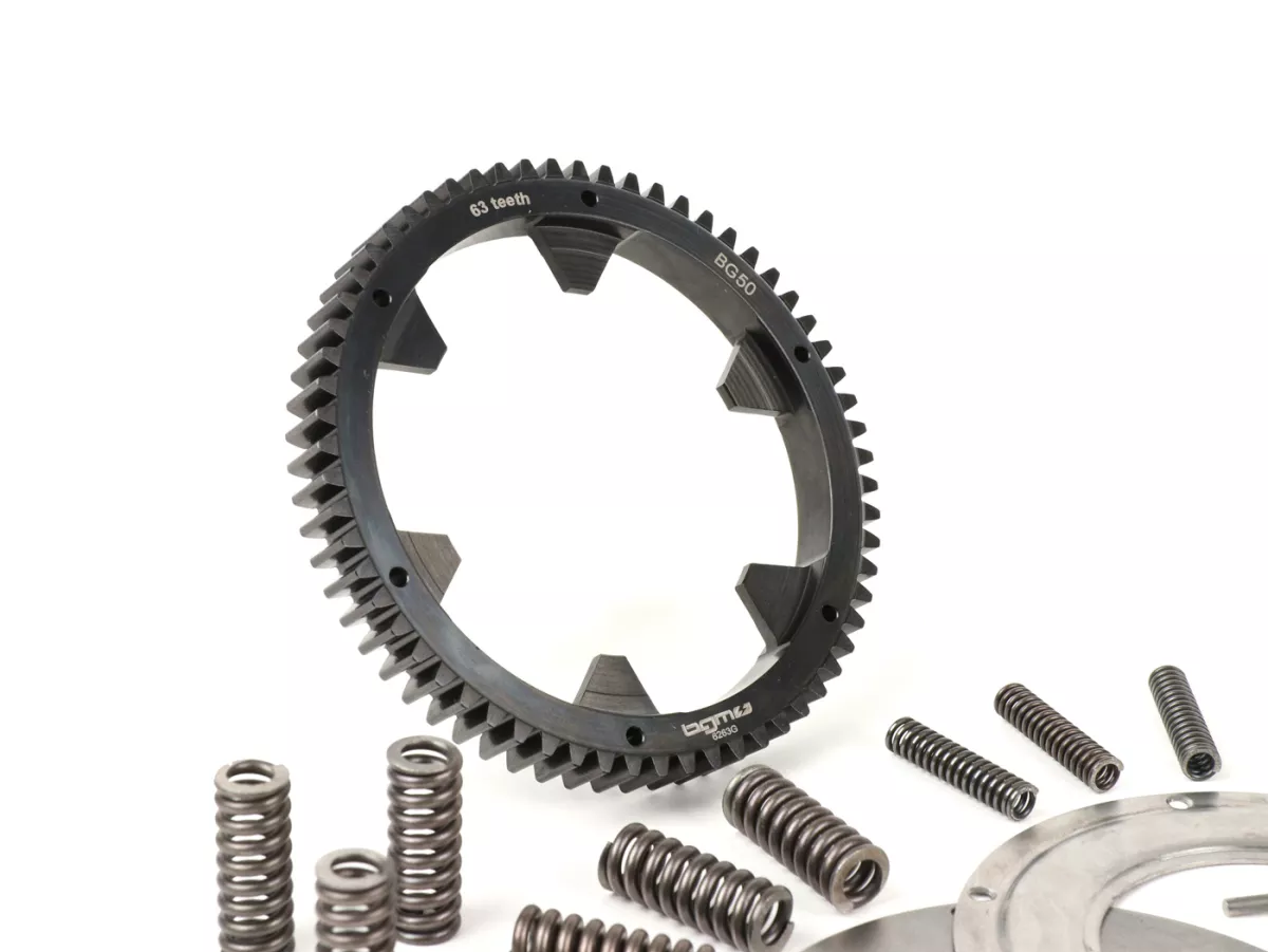 Koppeling incl. primair tandwiel -BGM Pro Superstrong 2.0 CR80 Ultralube SPORT Alu, type Cosa2/FL- Primair tandwiel BGM Pro 63Z (recht afgesneden)- Vespa PX80, PX125, PX150, PX200, Cosa, T5, Sprint150 Veloce, Rally, GTR, TS125, Super150 (VBC) - Z23/63 (2.