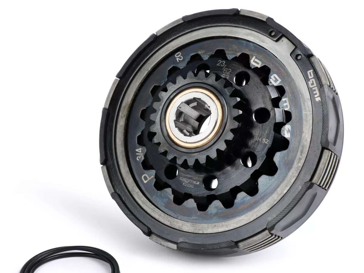 Koppling -BGM Pro Superstrong 2.0 CR80 Ultralube SPORT Alu, Vespa Largeframe typ Cosa2/FL- för primärhjul BGM Pro 62/63Z (raktandad)- (typ med splines för Pinasco 250/251 vevaxel) - 23 tänder